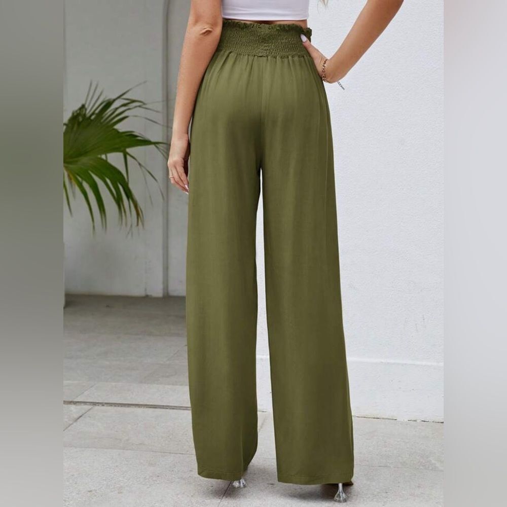 Olive Wide-Leg Smocked Waist Pants - Women - Picture 2 of 4